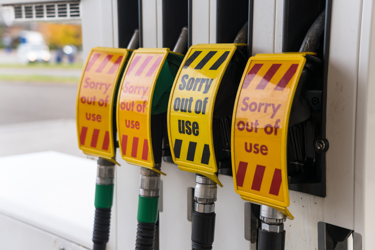 A group of petrol and deisel pumps out of use at a gas station, due to a fuel shortage.